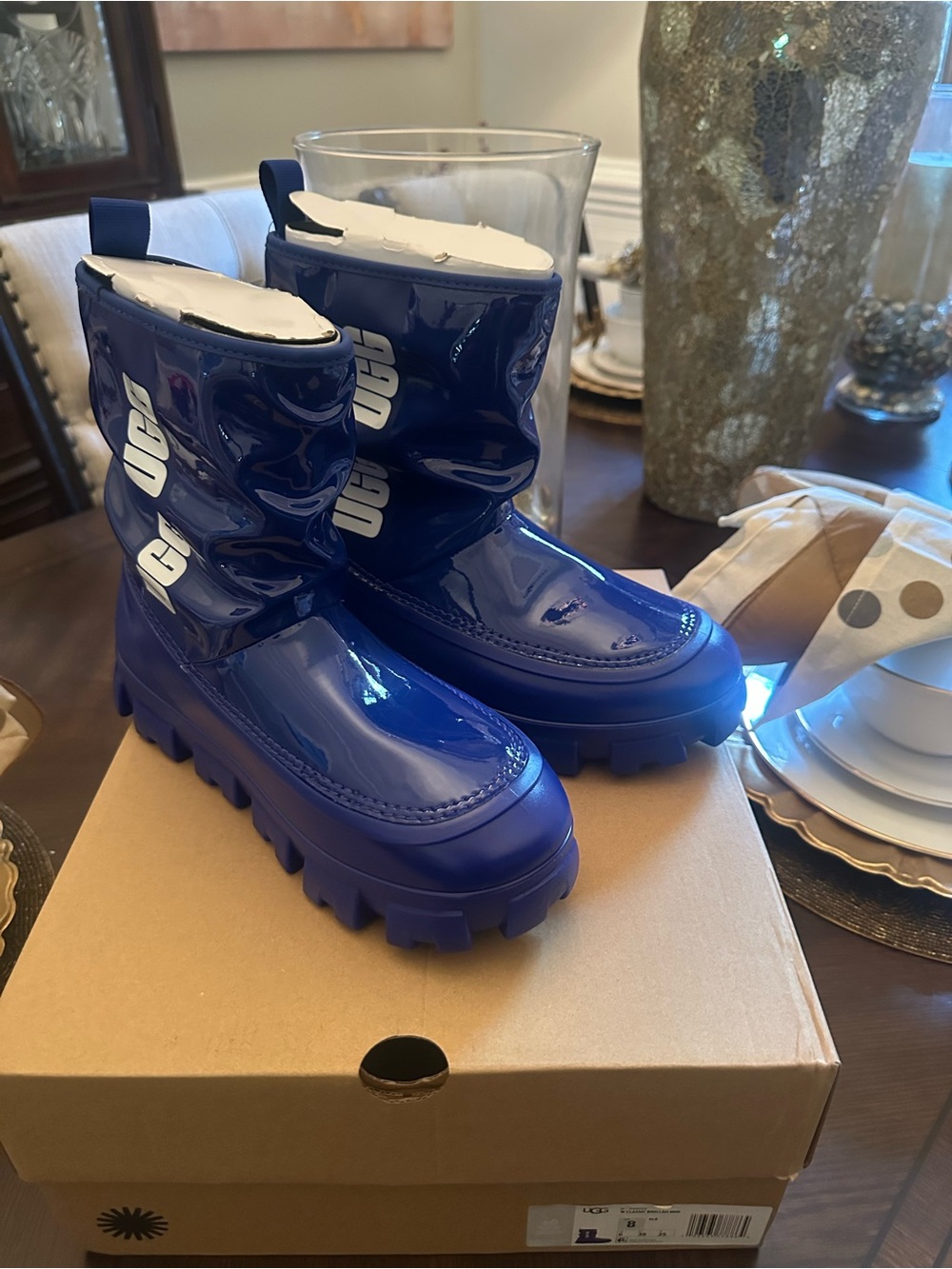 Brand New Women’s Size 8 UGG Glossy Royal Blue Chunky Rain Boots